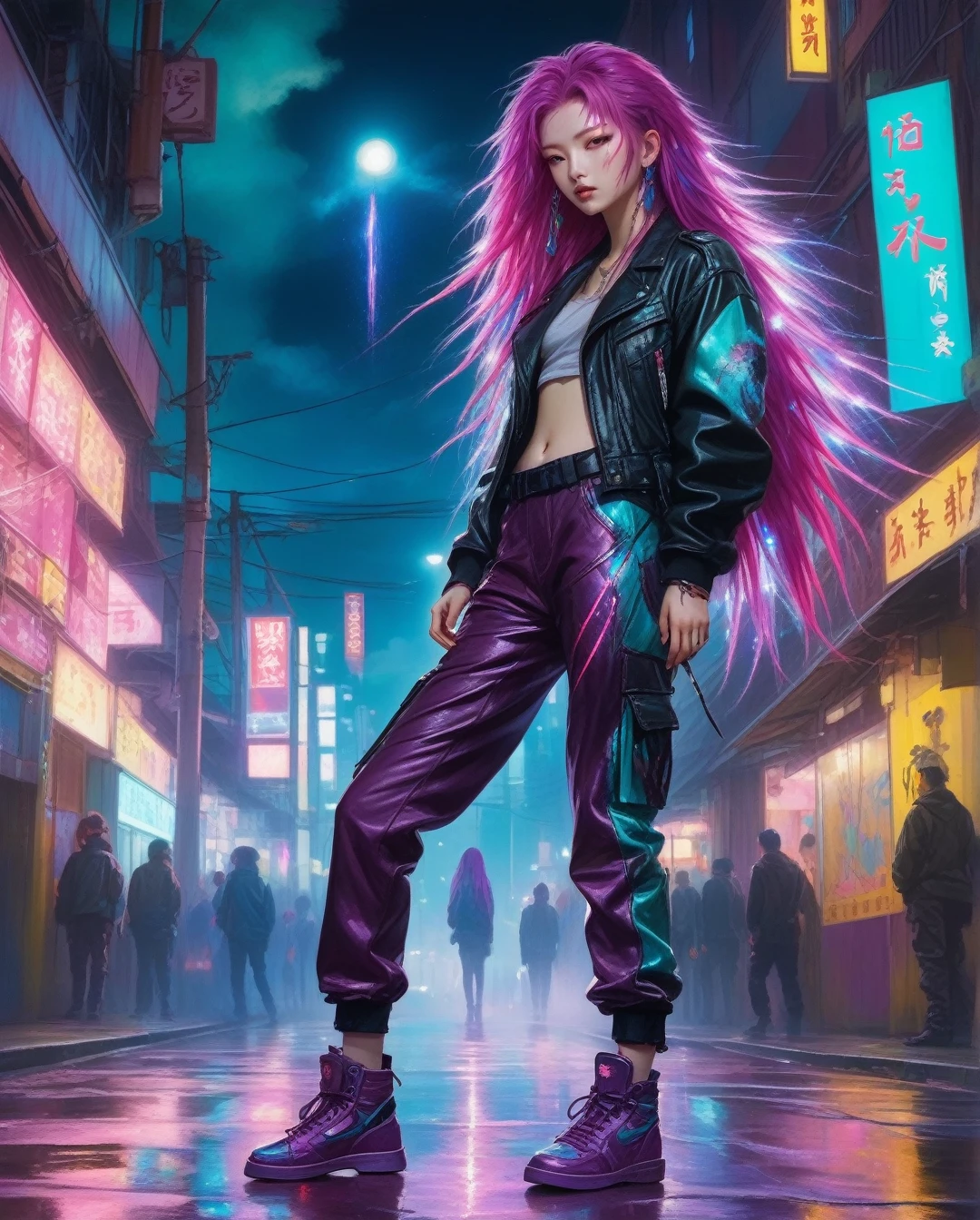 amano yoshitaka, (masterpiece:1.4), 1girl, Streetwear, leather jacket, cargo pants, street, (masterpiece, best quality, highres, ultra detailed ), night, depth of field, absurdres, (masterpiece:1.4), ultra-detailed, 1girl, stand up, magenta and teal, long purple wildly hair with teal streaks, urban mage, surrounded by neon and colored sparks