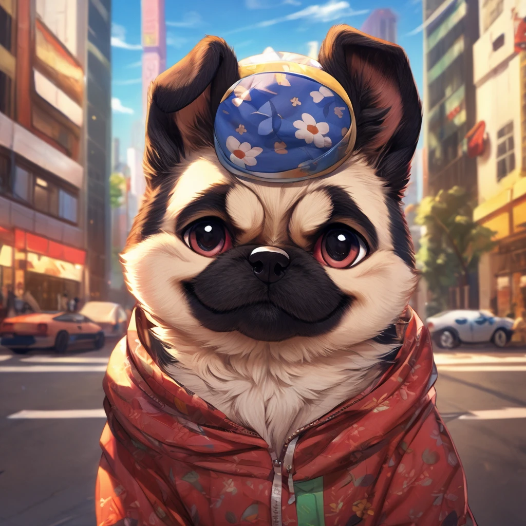 In the city、1 Pug puppy、(((Round black fur on forehead)))、(((smile:3.0)))