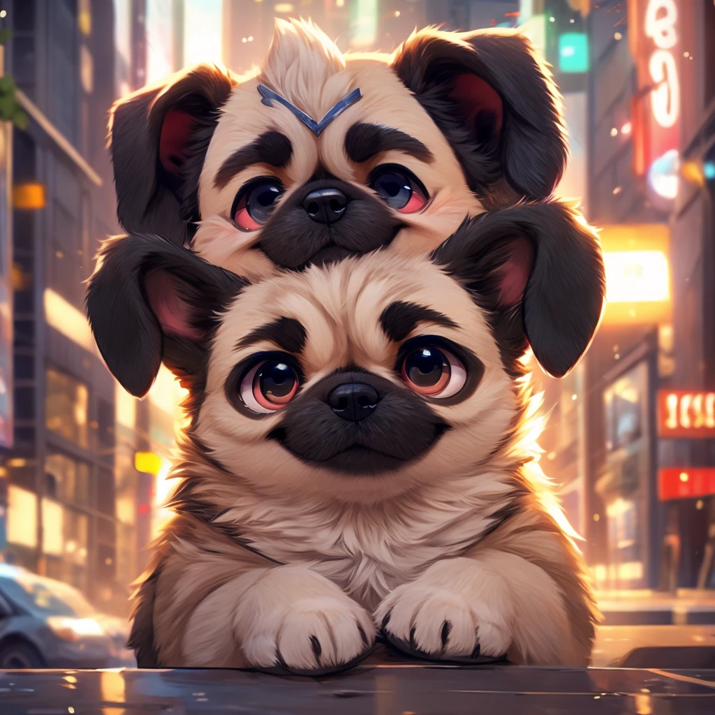 In the city、1 Pug puppy、(((Round black fur on forehead)))、(((smile:3.0)))