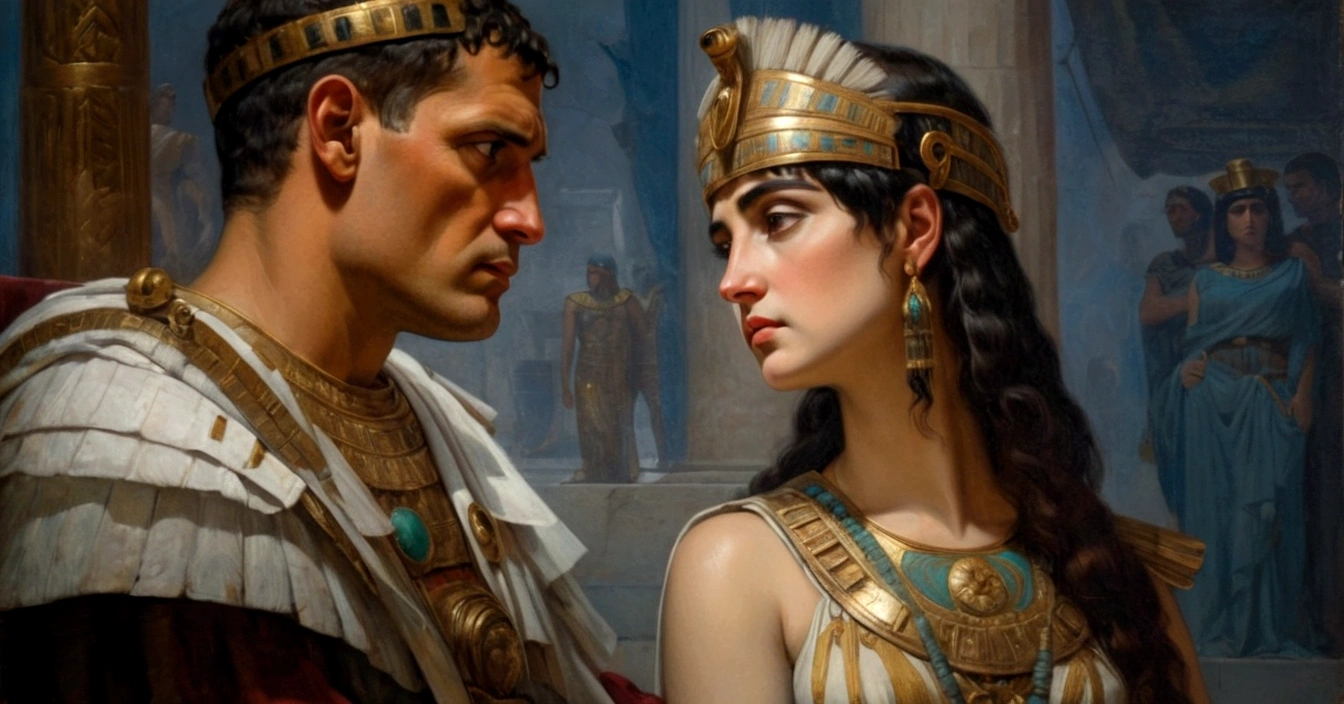 Renaissance painting of Cleopatra and Julius Caesar, side by side, Cleopatra is powerless and does not bow down to any man, Julio Caesar looks like a bearded man, wearing his red cape, Cleopatra exudes beauty with her iconic clothes and jewelry.