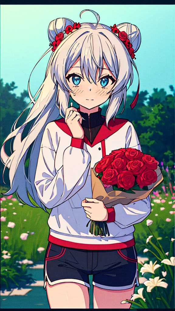 anime style, a femboy, White hair, blue eyes, Her hair, worn in a bun, is decorated with flowers., Shorts, surrounded by flowers, in a garden, Lilies, rose, poppies, your clothes are wet, looks with a blush on his cheeks, fondo de pantalla 4k de high quality, rendering, rendering super detailed, 2D, super detailed, high quality, 4k, HD, cabello de high quality