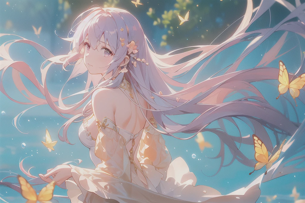 1girl,alone,single,solo,only one,one character,(((Personage as the main perspective))),(((character in the middle))),((masterpiece)),((best quality)),(ultra-detailed),(illustration),clear-cut margin,alphonse mucha,extremely detailed CG unity 8k wallpaper,((an extremely delicate and beautiful)),(dynamic angle),An enchanted forest at night illuminated by glowing mushrooms,((Tyndall effect)),(Fluorescent mushroom forests background),1girl,(arms behind back),(beautiful detailed eyes),cute pink eyes,golden pupil,detailed face,upper body,white dress,messy floating pink hair,disheveled hair,focus,(beautiful water),river,flying butterfly,sunlight,shine,chiaroscuro,ray_tracing,(painting),[[[[[[8 k artistic photography]]]]]],