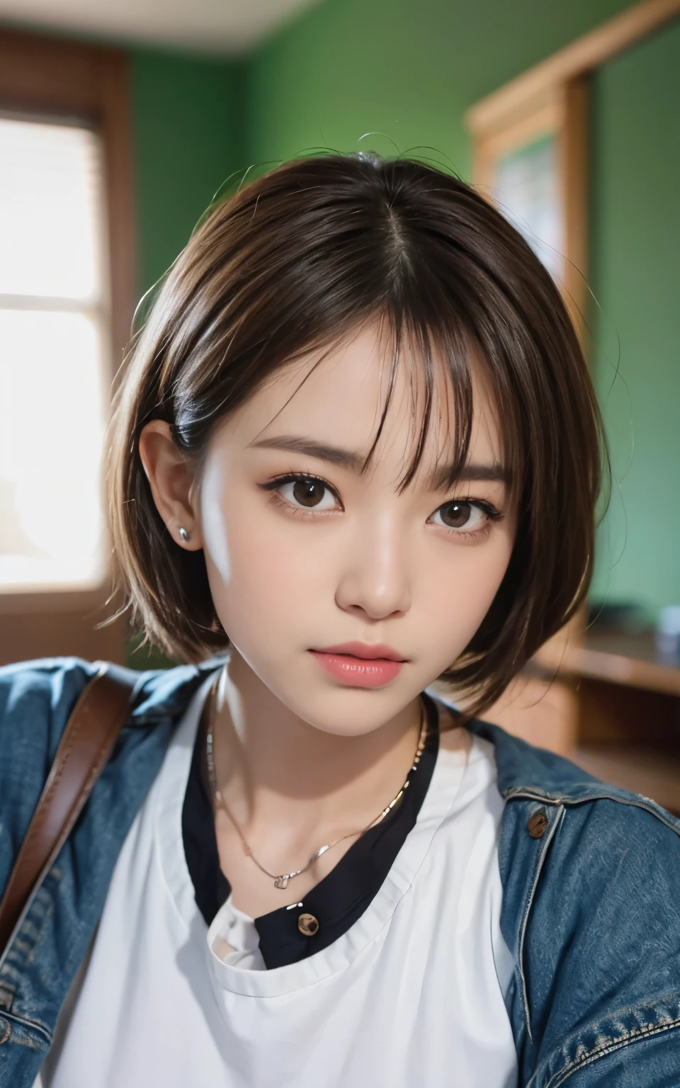 Cute 21 year old Japanese、University、Large classroom、Barely、Super detailed face、Eye for detail、double eyelid、Beautiful thin nose、Sharp Focus:1.2、Beauty:1.4、(Light Brown Hair、Short Hair、Highest quality、Illumination、masterpiece、Ultra-high resolution、(Photorealistic:1.4)、Cute spring clothes、