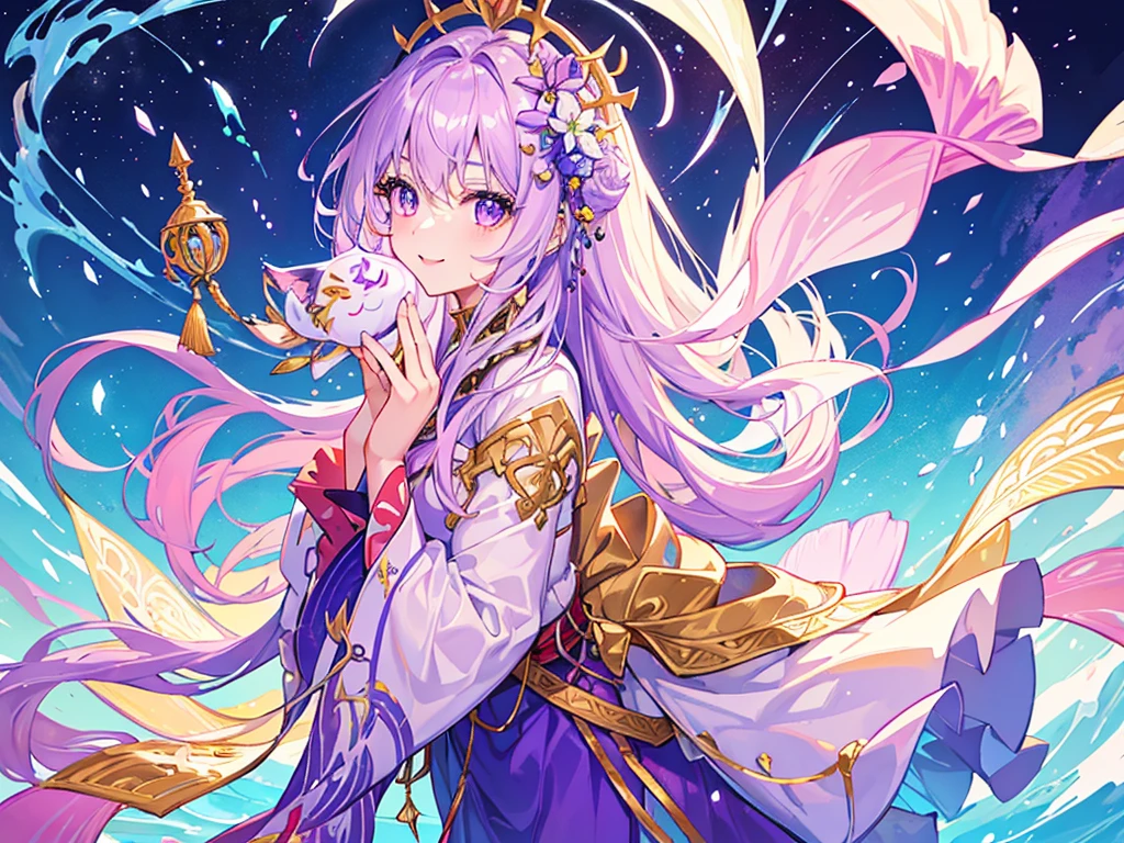 (Highest quality、masterpiece、Super fine、Super fine、Exquisite、16k、Full HD) 、mysterious、Fantasy、Fantasy World、adventure、village、Soft sunlight、Clear skies、smile、(Full of energy)(Purple Eyes、Long eyelashes、White skin、slim、Pale pink lips、Pale pink cheeks、thin and long)、(Thin and high nose、Small Nose)、kimono whiteFox