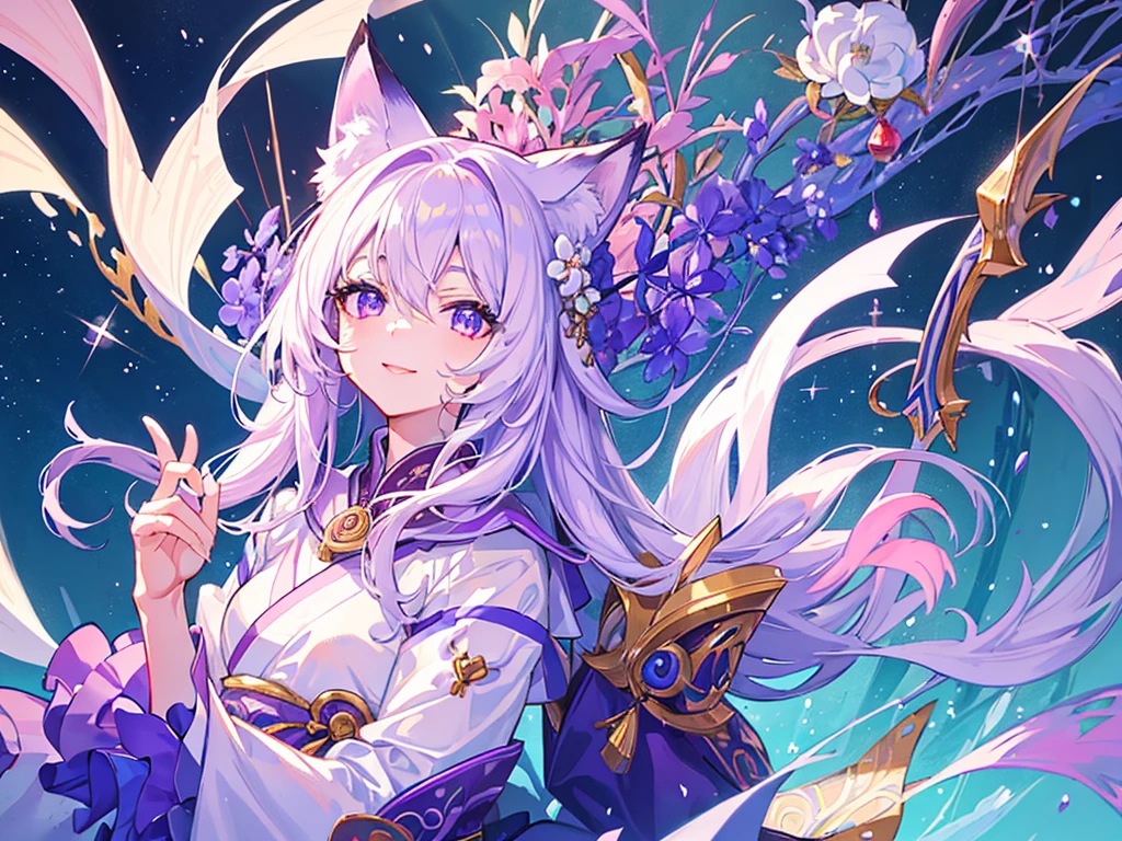 (Highest quality、masterpiece、Super fine、Super fine、Exquisite、16k、Full HD) 、mysterious、Fantasy、Fantasy World、adventure、village、Soft sunlight、Clear skies、smile、(Full of energy)(Purple Eyes、Long eyelashes、White skin、slim、Pale pink lips、Pale pink cheeks、thin and long)、(Thin and high nose、Small Nose)、kimono whiteFox