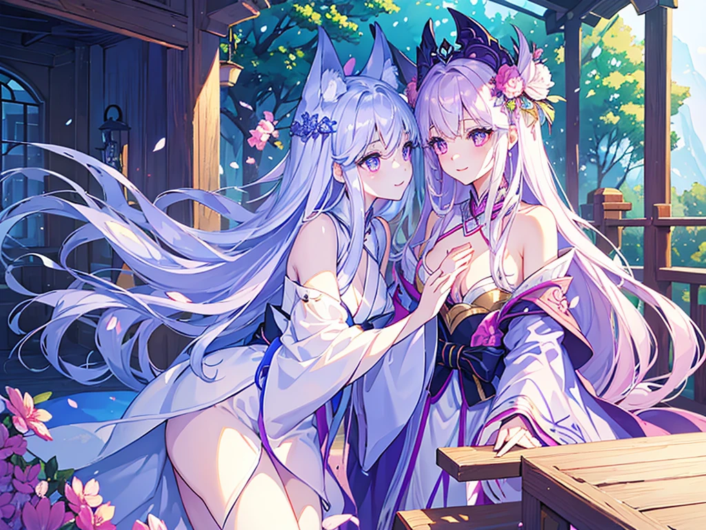 (Highest quality、masterpiece、Super fine、Super fine、Exquisite、16k、Full HD) 、mysterious、Fantasy、Fantasy World、adventure、village、Soft sunlight、Clear skies、smile、(Full of energy)(Purple Eyes、Long eyelashes、White skin、slim、Pale pink lips、Pale pink cheeks、thin and long)、(Thin and high nose、Small Nose)、kimono whiteFox