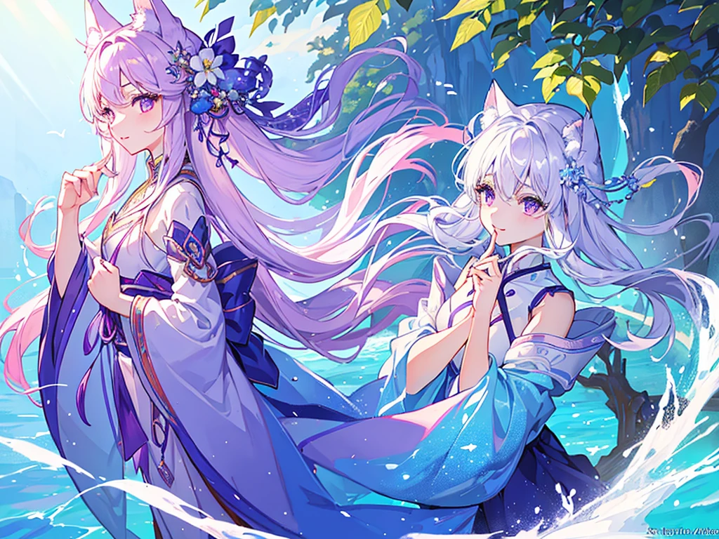 (Highest quality、masterpiece、Super fine、Super fine、Exquisite、16k、Full HD) 、mysterious、Fantasy、Fantasy World、adventure、village、Soft sunlight、Clear skies、smile、(Full of energy)(Purple Eyes、Long eyelashes、White skin、slim、Pale pink lips、Pale pink cheeks、thin and long)、(Thin and high nose、Small Nose)、kimono whiteFox 