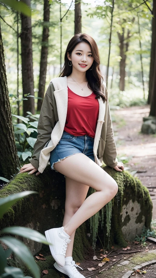 masterpiece, best quality, Surreal, Ultra Detailed, 8k resolution, RAW photos, Clear focus, (A girl in the forest), Beautiful woman in brown jacket and red sleeveless t-shirt, Brown clothes, Loose Brown Shorts, brown jacket with long sleeves,Full body posture, Solitary, Perfect body, Become a, 32 inches in the chest,(a charming smile:1), (sexy pose)，26 years old, light,White shoes