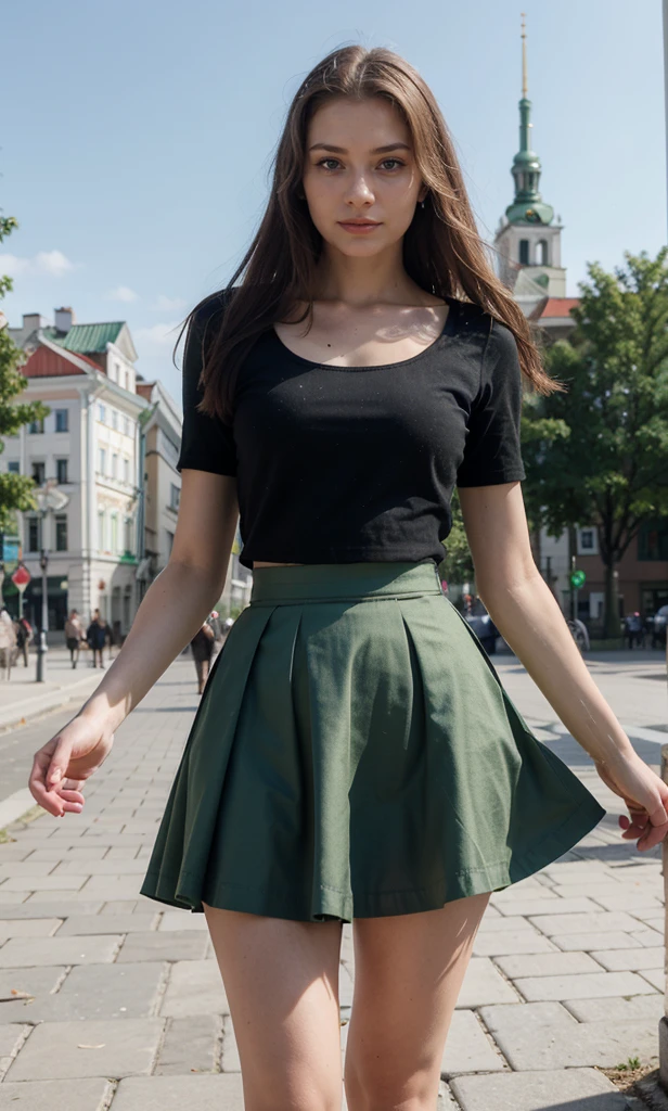 Lituania, pretty women, ((In Vilnius City)), before the Vilnius Gediminas tower, on the Vilnius central place, ((wear a green top,a red skirt))