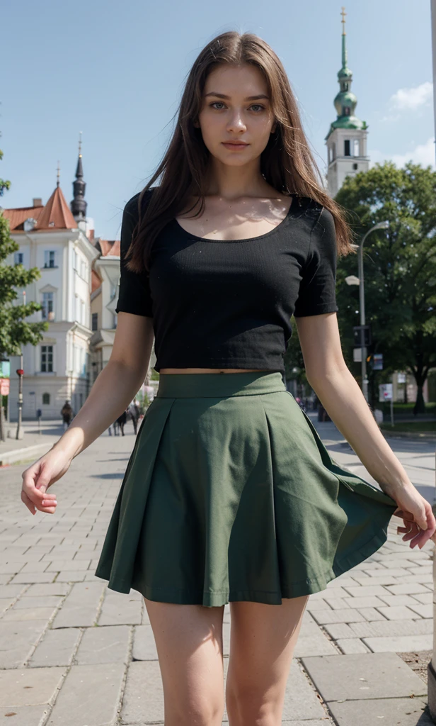 Lituania, pretty women, ((In Vilnius City)), before the Vilnius Gediminas tower, on the Vilnius central place, ((wear a green top,a red skirt))