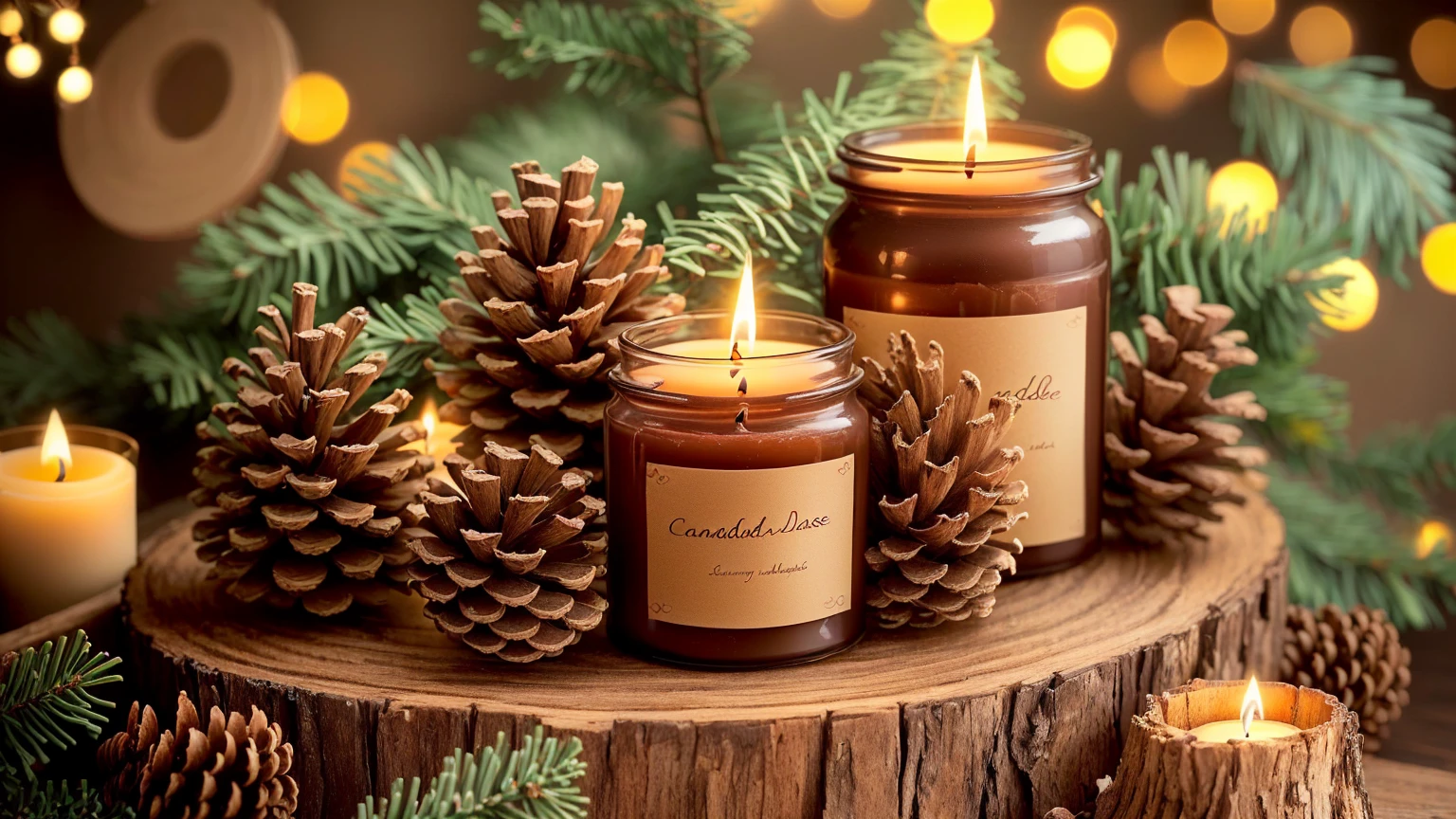 Candless are sitting on a wooden stand with pine cones and Candless, Candless, waxy Candless, comfortable Candleslight, natural Candles lighting, Candless!, Candles lights, lit Candless, Candles, Candleslit, Festive mood, A pleasant and enchanting scene, the Candles is on a wooden table, Candles wax, Candleslight, lots of Candless, room full of Candless, Sublime and cozy atmosphere, comfortable