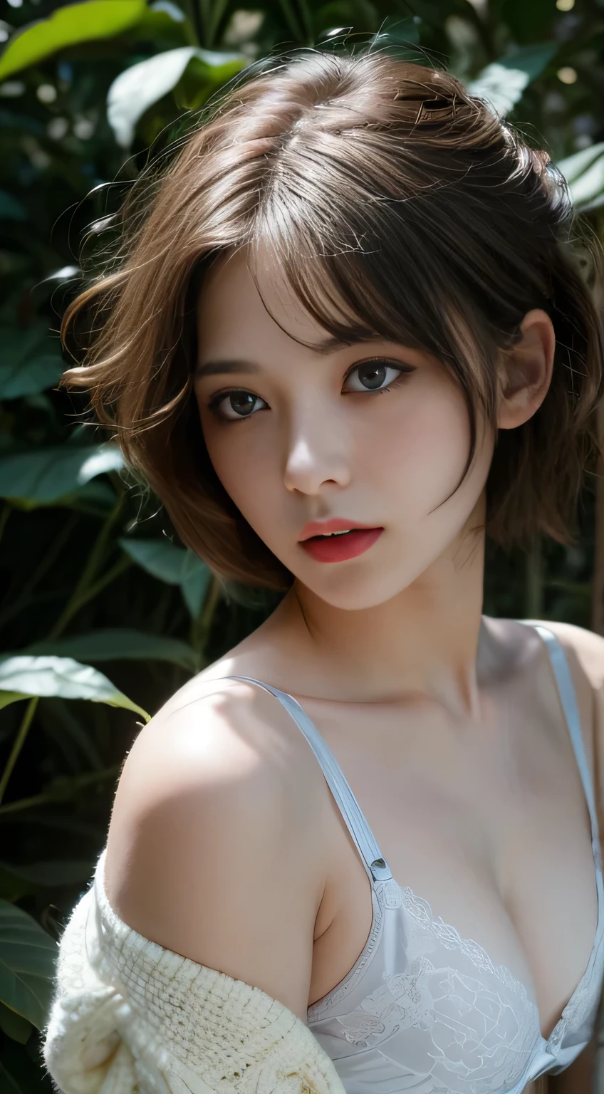 Best quality, masterpiece, ultra high res, (photorealistic:1.5), raw photo, 1girl, offshoulder, in the dark, deep shadow, low key, cold light, sexy look, short hair, bra strap, leaf shadow
