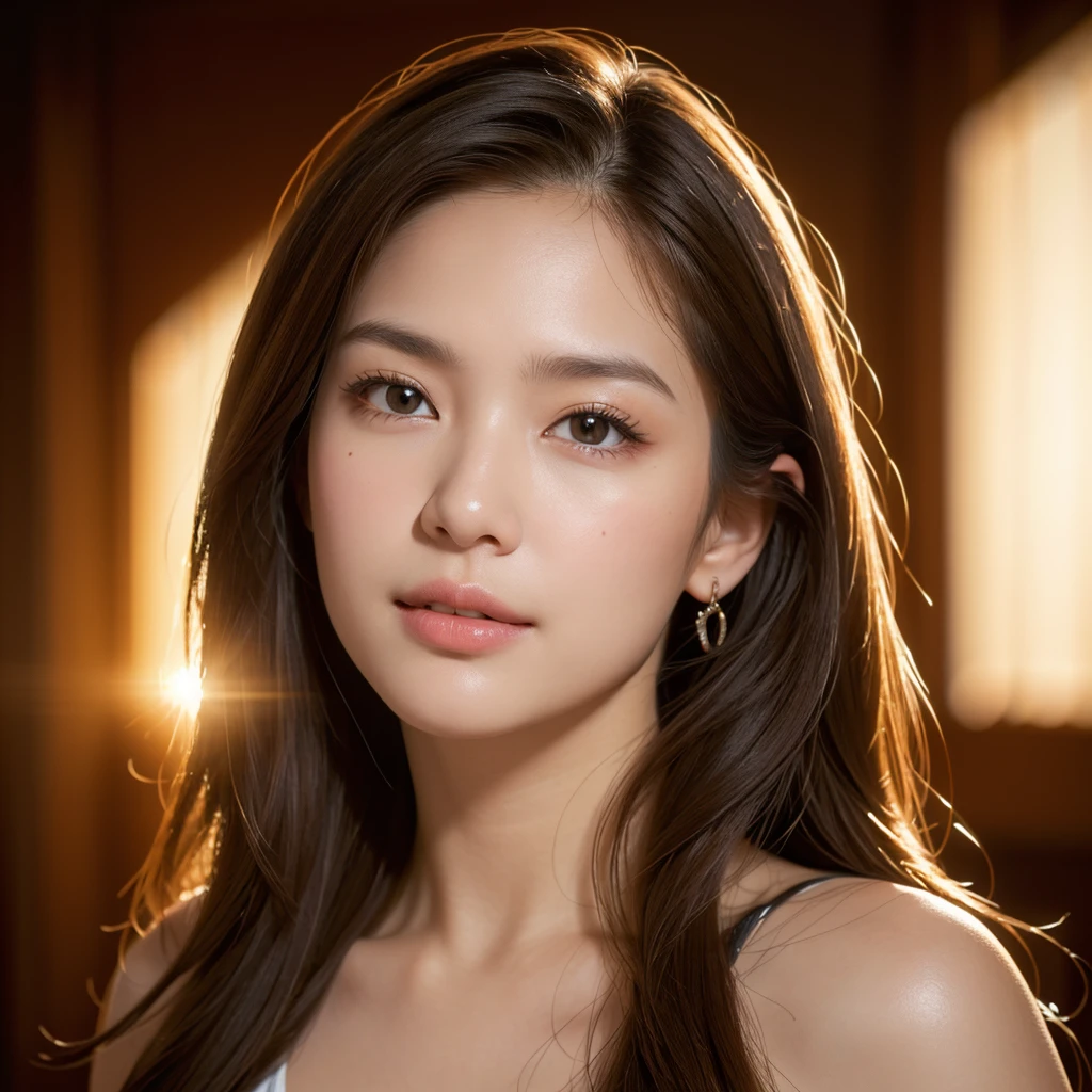 1girl, alone, solitary, high quality, (best quality,4k,8k,highres,masterpiece:1.2),ultra-detailed,(realistic,photorealistic,photo-realistic:1.37),gorgeous hair,light brown hair,long straight hair,puffy eyes,mole on the cheek,plump lips,jewelry,(high detailed skin:1.4),(light room:1.3),(rim lighting:1.3),(lit:1.3),(sunny day:1.3),indoors,portrait,smirk