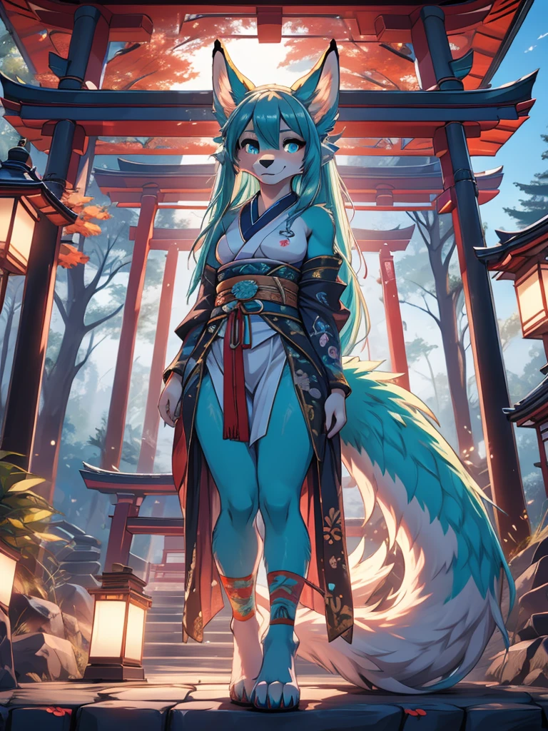 Miku Hatsune, high definition add_detail:1, blue fur,kitsune ears, tribal tattoo add_detail:1, pretty girl add_detail:1, feudal priestess clothing add_detail:1, japanese shrine landscape add_detail:1, japanese shrine costume add_detail:1, bare left leg add_detail:1, full body add_detail