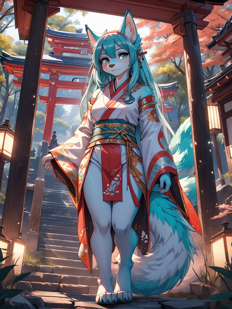 Miku Hatsune, high definition add_detail:1, blue fur,kitsune ears, tribal tattoo add_detail:1, pretty girl add_detail:1, feudal priestess clothing add_detail:1, japanese shrine landscape add_detail:1, japanese shrine costume add_detail:1, bare left leg add_detail:1, full body add_detail