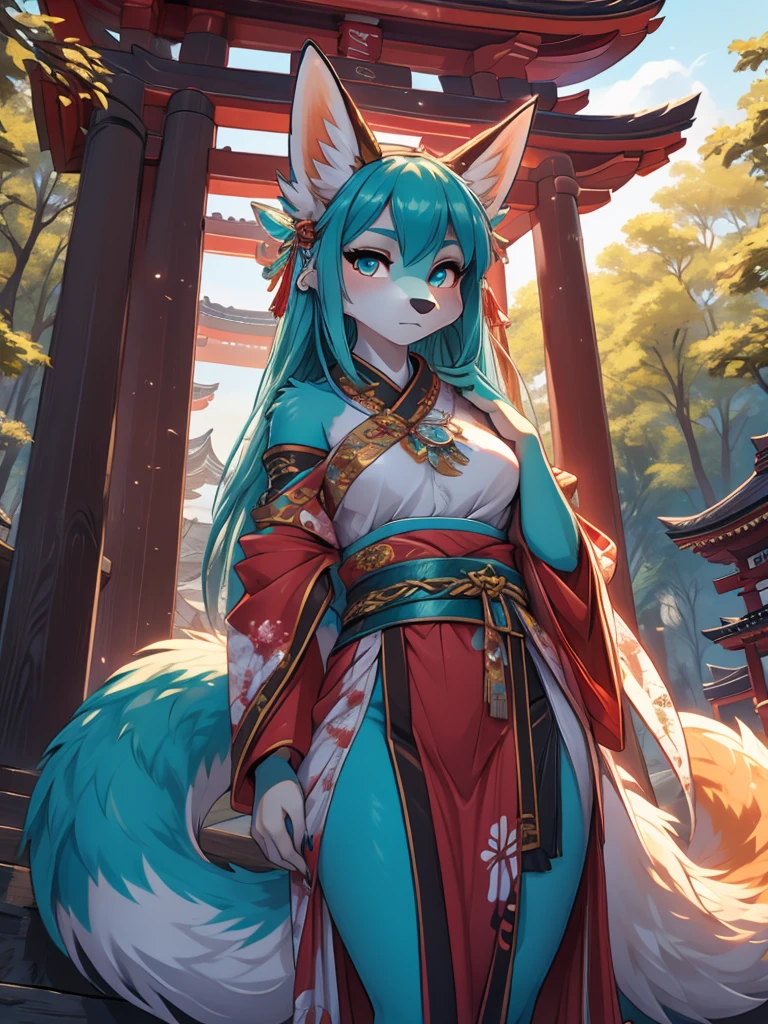 Miku Hatsune, high definition add_detail:1, blue fur,kitsune ears, tribal tattoo add_detail:1, pretty girl add_detail:1, feudal priestess clothing add_detail:1, japanese shrine landscape add_detail:1, japanese shrine costume add_detail:1, bare left leg add_detail:1, full body add_detail 