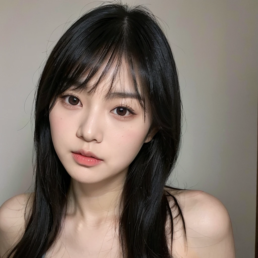 solo, Japanese woman, H cup, cute, erotic, model's expression, porn star, Long straight black hair with bangs that reach her eyebrows, large round eyes with double eyelids, small straight nose, well-shaped small lips, smooth fair skin, soft round face, universally appealing and attractive,