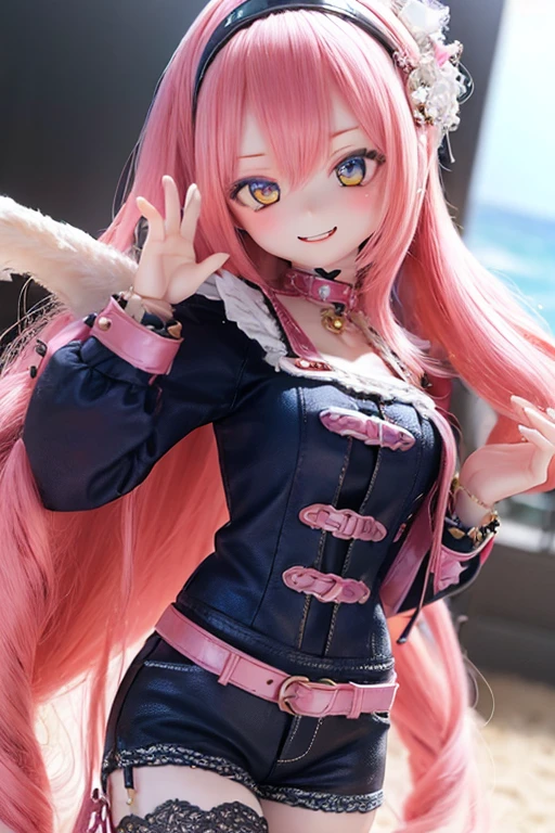 ((highest quality)), ((masterpiece)), (extremely detailed), kukolnydom, doll, mature woman, solo, cowboy shot, dynamic pose, seductive smile, pink hair, long hair, hairband, blunt bang, blue swimsuit, beach, 8k