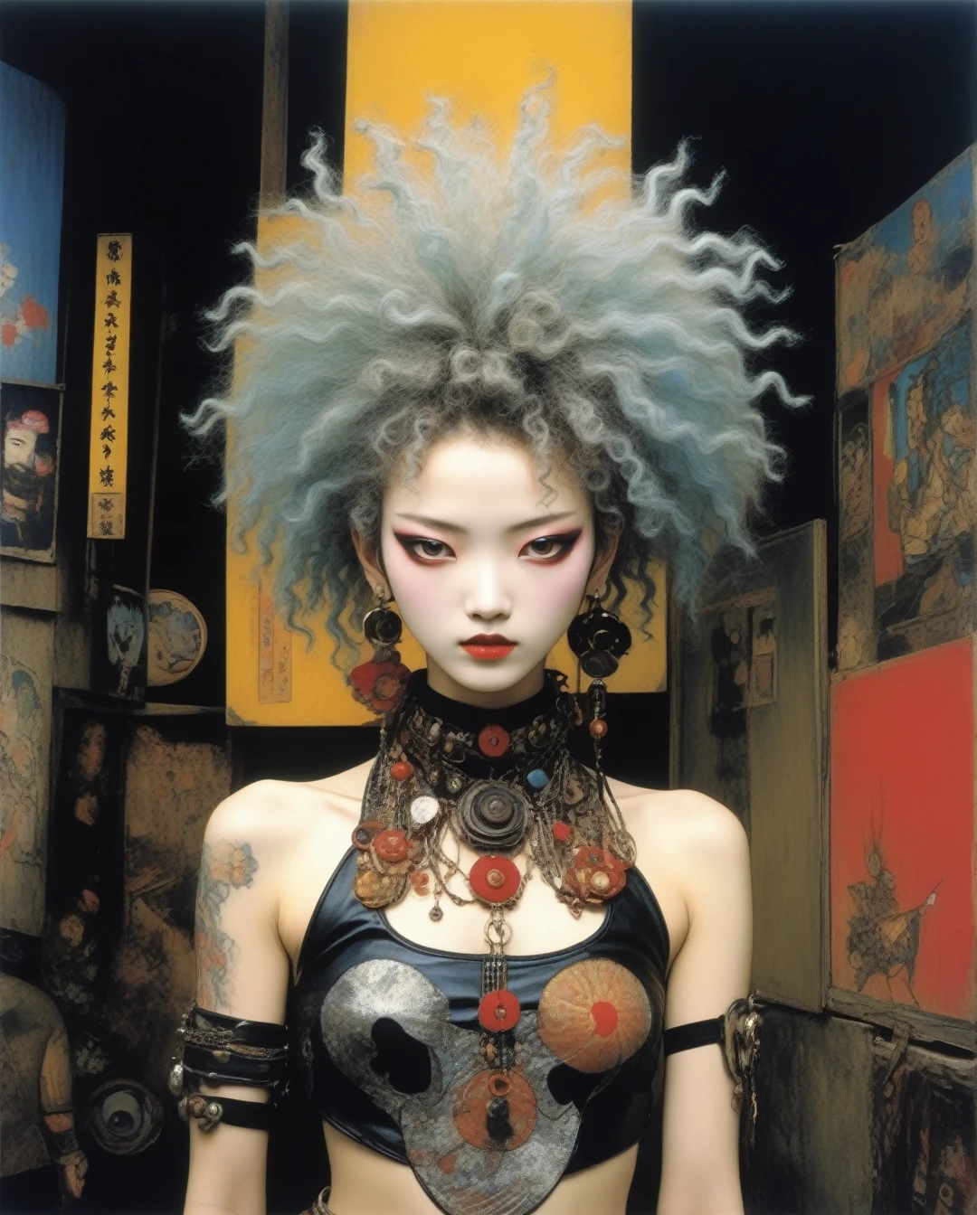 amano yoshitaka, (masterpiece:1.2, best quality), (real picture, intricate details), (1lady, solo, upper body, big) The clothes ar:avant-garde,avant-garde,Experiment with appearance:curlies,Dramatic makeup,Unconventional fashion choice behavior:rebelliousness、non-conformist、Provocation location:urban art district、Underground music venues Hobbies:Participation in punk shows、creating mixed media art、Try different subcultural values:individuality、Realiy、Creative expression of inspiration:Punk rock music、Counterculture icons,Avant-garde art movement character traits:boldness、boldness、act outside the box。