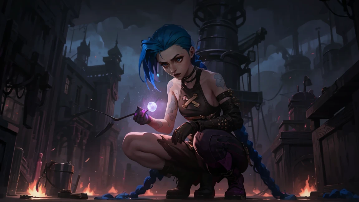 very sexy,  crazy look, длинные синие hair заплетены в косы, full length (full body 1.1.), tight leather pants, Jinx's character design, stands on the edge of the roof, fantasy city, night, explosions, fire, Sparks, Purple Flashes, beautiful figure, Arcane Curse, Bright blue and purple Sparks all around, burning eyes, Pink Shiny eyes, длинные hair, hair, braided in long braids, Pigtails hang below the knee, Hair color changes from bright blue to navy blue., leather boots on the feet, Top with four gold circles on the chest in the middle of the chest., Blue cloud tattoo on shoulders and waist., long bangs, hanging on the right side, чрезвычайно подробные обои CG Unity 8k, detailed light, Cinematic lighting, Chromatic aberration, sparkling, inexpressive, epic composition, dark in the background, Chereter Design, very detailed, detailed body, Vibrating, detailed face, sharp focus, anime art, Vibrating, detailed face, Hugh Details, sharp focus, Detailed eye, Super lovely illustration, best shadow, finely detail, beautiful detailed glow, beautiful detailed, extremely detailed, inexpressive, epic composition,