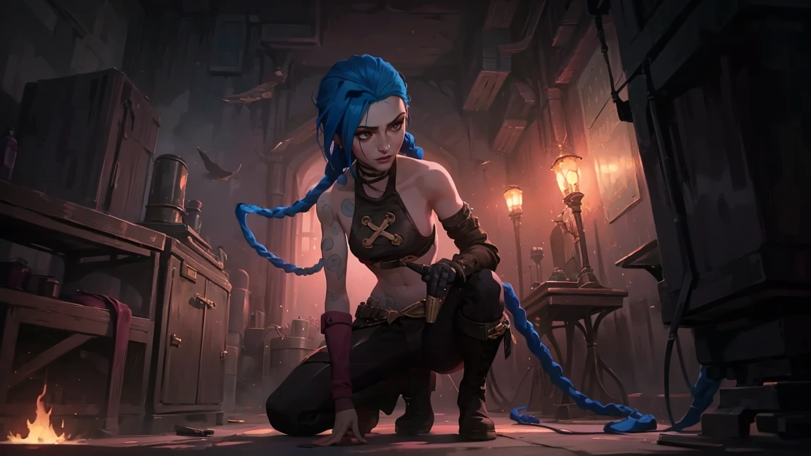very sexy, crazy look, длинные синие hair заплетены в косы, full length (full body 1.1.), tight leather pants, Jinx's character design, stands on the edge of the roof, fantasy city, night, explosions, fire, Sparks, Purple Flashes, beautiful figure, Arcane Curse, Bright blue and purple Sparks all around, burning eyes, Pink Shiny eyes, длинные hair, hair, braided in long braids, Pigtails hang below the knee, Hair color changes from bright blue to navy blue., leather boots on the feet, Top with four gold circles on the chest in the middle of the chest., Blue cloud tattoo on shoulders and waist., long bangs, hanging on the right side, чрезвычайно подробные обои CG Unity 8k, detailed light, Cinematic lighting, Chromatic aberration, sparkling, inexpressive, epic composition, dark in the background, Chereter Design, very detailed, detailed body, Vibrating, detailed face, sharp focus, anime art, Vibrating, detailed face, Hugh Details, sharp focus, Detailed eye, Super lovely illustration, best shadow, finely detail, beautiful detailed glow, beautiful detailed, extremely detailed, inexpressive, epic composition,