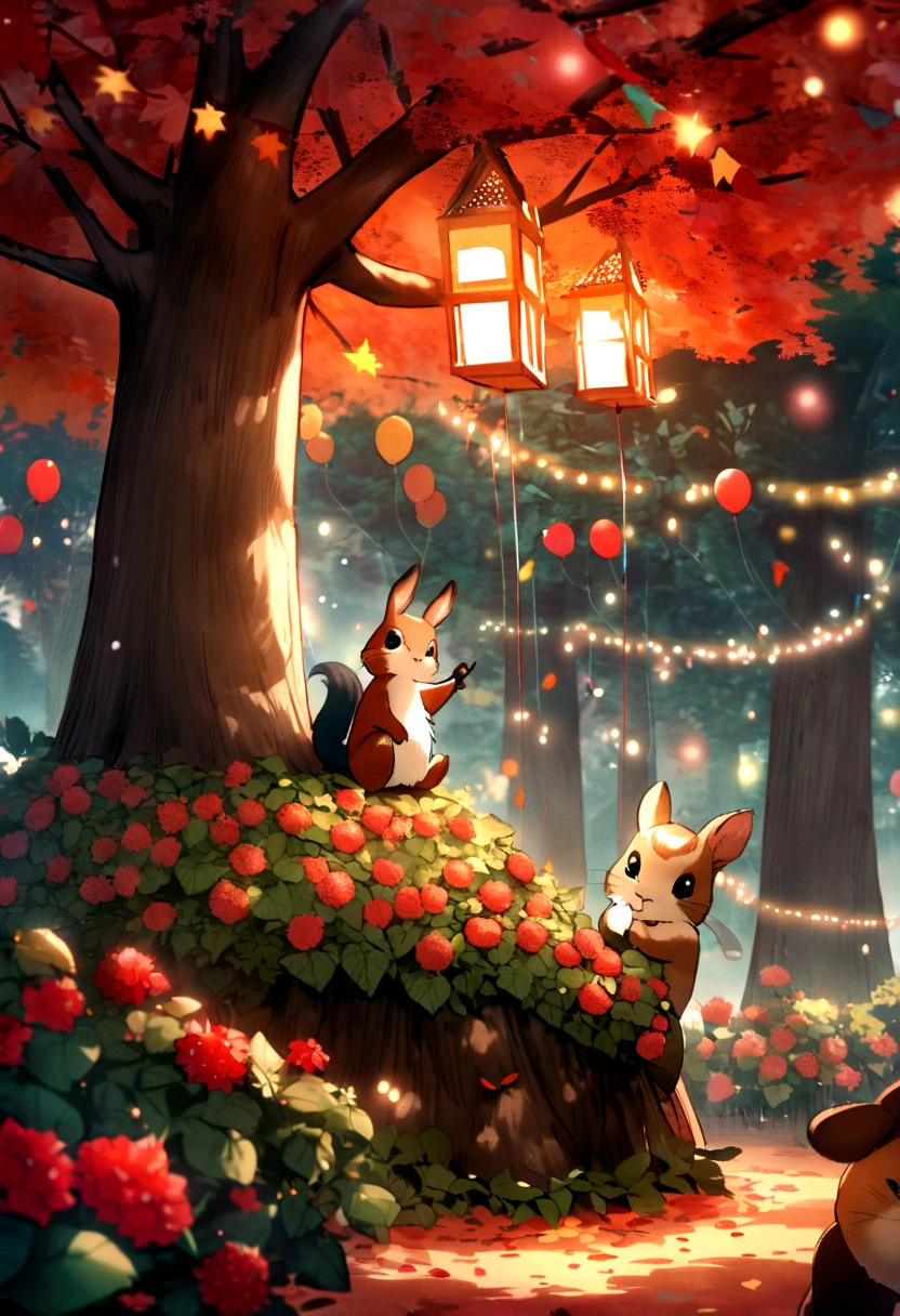 Pictured is an autumn forest,There are red flowers and green leaves everywhere。The animals discuss how to celebrate birthdays for their homeland,Little Swallow holds hydrangea petals to make a five-star red flag,The little rabbit blows up a balloon and hangs on the big tree,The little squirrel made a string of lights with pine cones。