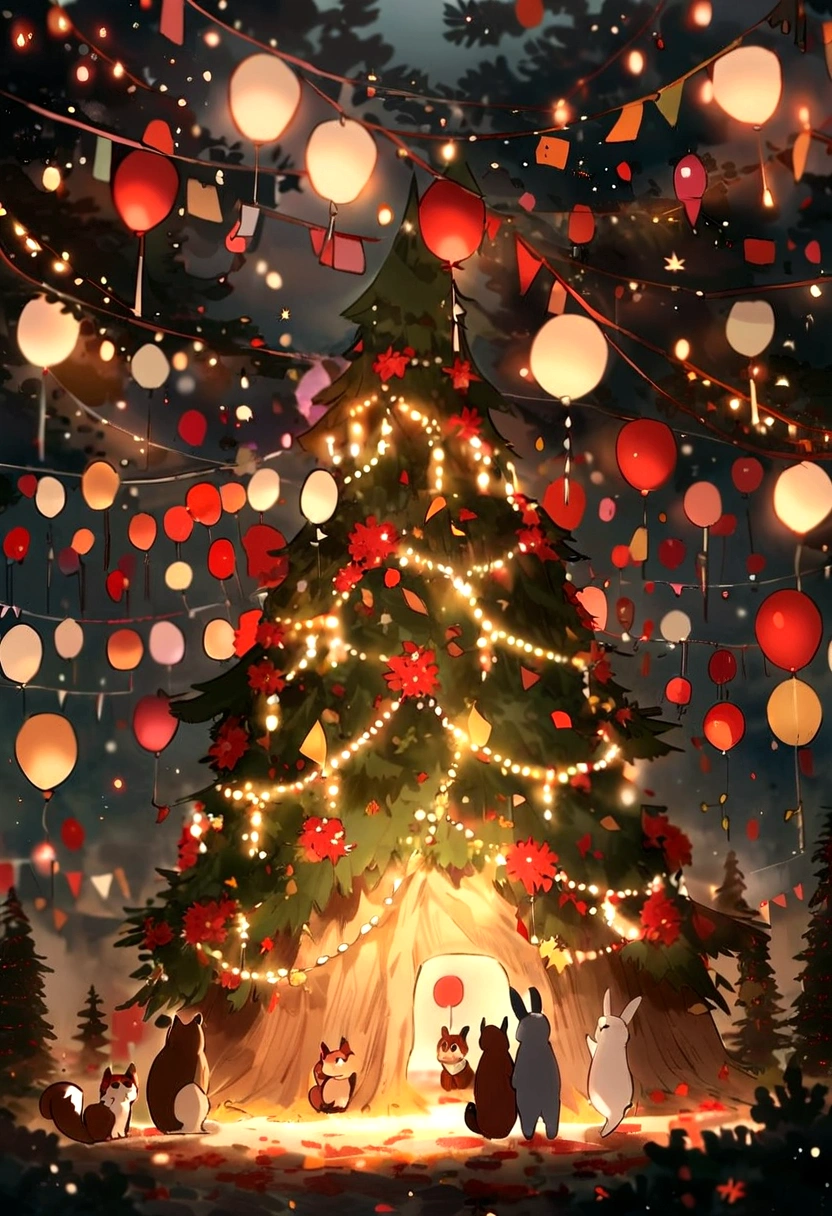 Pictured is an autumn forest,There are red flowers and green leaves everywhere。The animals discuss how to celebrate birthdays for their homeland,Little Swallow holds hydrangea petals to make a five-star red flag,The little rabbit blows up a balloon and hangs on the big tree,The little squirrel made a string of lights with pine cones。