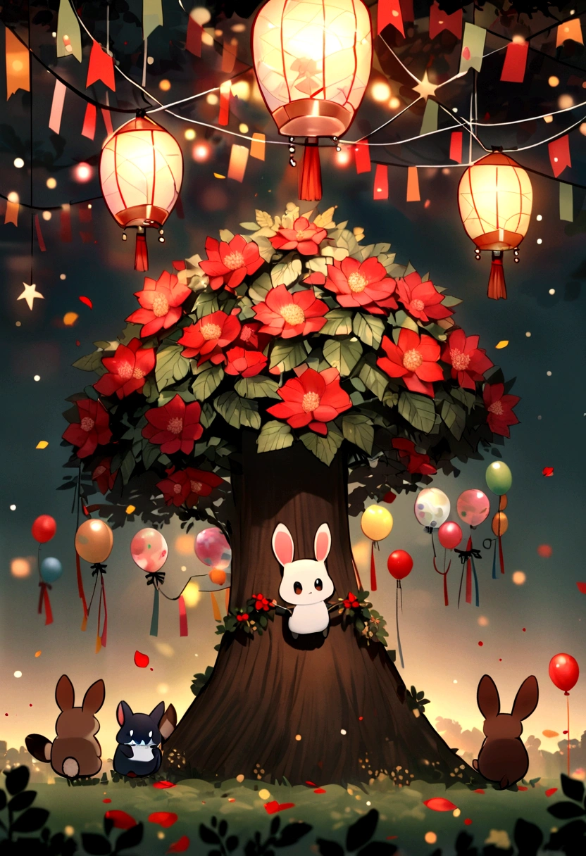 Pictured is an autumn forest,There are red flowers and green leaves everywhere。The animals discuss how to celebrate birthdays for their homeland,Little Swallow holds hydrangea petals to make a five-star red flag,The little rabbit blows up a balloon and hangs on the big tree,The little squirrel made a string of lights with pine cones。