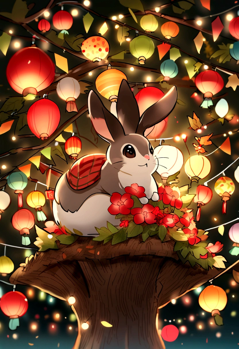 Pictured is an autumn forest，There are red flowers and green leaves everywhere。The animals discuss how to celebrate birthdays for their homeland，Little Swallow holds hydrangea petals to make a five-star red flag，The little rabbit blows up a balloon and hangs on the big tree，The little squirrel made a string of lights with pine cones。
