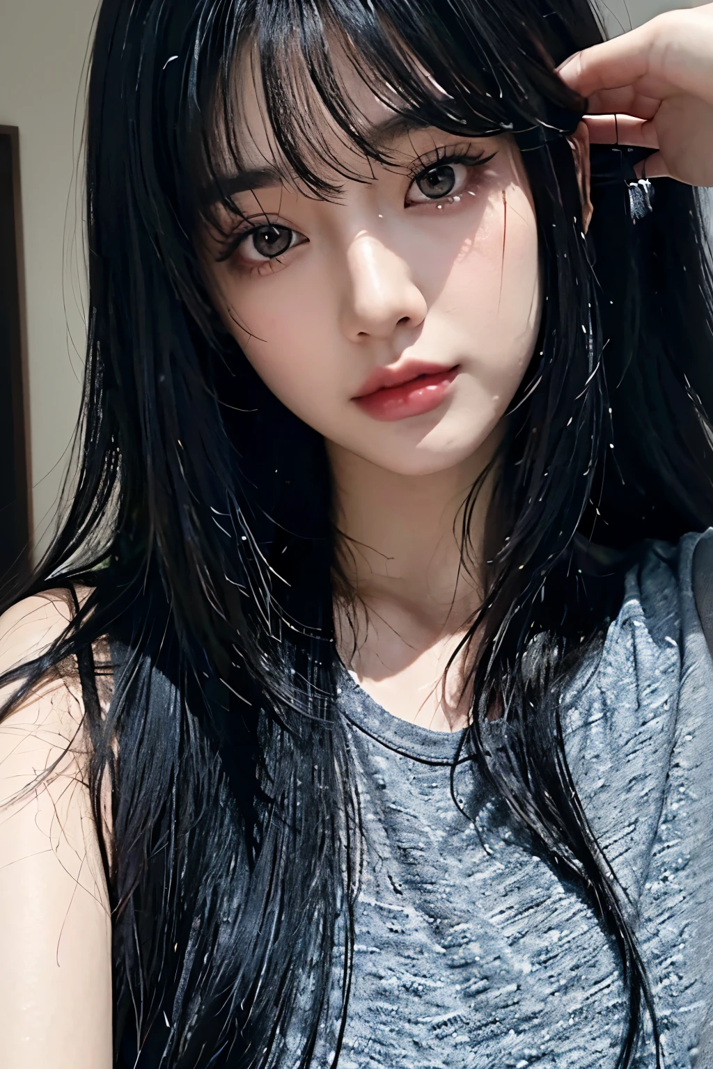 A man in a black shirt、Close-up of lady with long black hair, Ulzan, Korean Girl, She has black hair，With bangs, 2 4--old female model, Beautiful young Korean woman, Photos of slim girls, Beautiful Korean woman, Jisoo from Blackpink, cruel korean goth girl, Long hair, black hime cut hair, Instagram Models