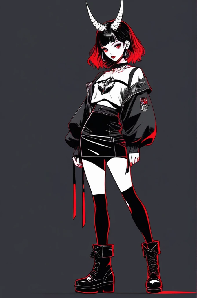 (best quality, sketch:1.2),realistic,illustrator,anime,1 girl with horns, detailed lips,custom, short skirt, black boots, black and red gradient background,neon hair,textured cropping, masterpiece, style retro classic,  style , Japanese style, full body ((monochrome))