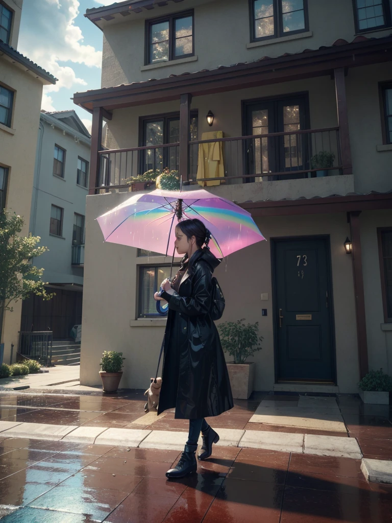 A girl walking under rain with a umbrella with rainbow colors, at the day with a Little puppy, lateral angle, (sunday front house street background:1.3), octane render, Sunlight, L USM, official art, unity 8k wallpaper, ultra detailed, aesthetic, masterpiece, best quality, photorealistic, t3ss1th0mps0n, Clutter-Mechanical