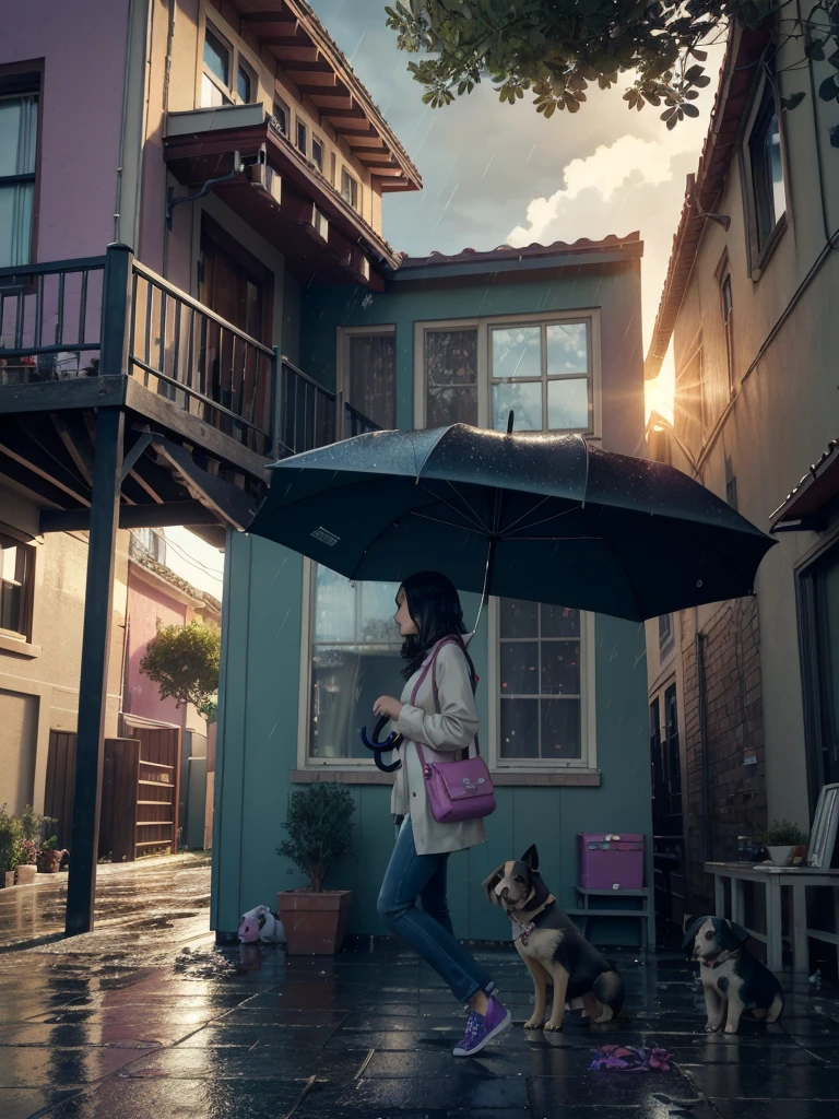 A  girl walking under rain with a umbrella with rainbow colors, at the day with a Little puppy, lateral angle, (sunday front house street background:1.3), octane render, Sunlight, L USM, official art, unity 8k wallpaper, ultra detailed, aesthetic, masterpiece, best quality, photorealistic, t3ss1th0mps0n,  Clutter-Mechanical