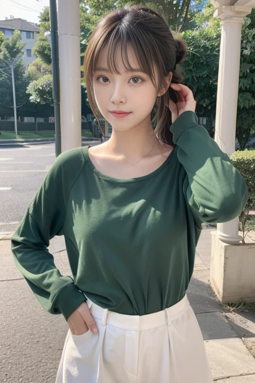 Emily is 20 years old and has light brown hair., usually、Stuck in a bun or ponytail. Her eyes are green and expressive, Convey a gentle and warm personality. Her height is average, About 1.65 m, With a slender and clear figure for her physical exercise routine. Emily likes to dress simple and comfortable, Wear practical clothes, Long sleeve blouses and neutral colors. she