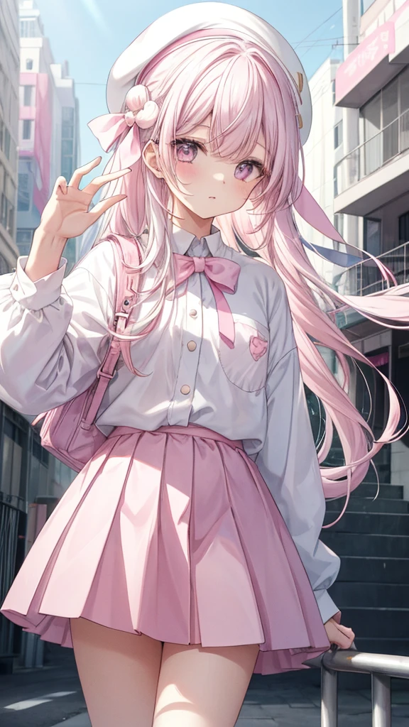 1 girl, pastel color, white straight hair, wearing white pink seifukuu, wearing pink skirt, long white socks, cool pose, perfect lighting, wearing pink bunny headband, wearing pink beret with white pink ribbon on it. Cowboy shot.