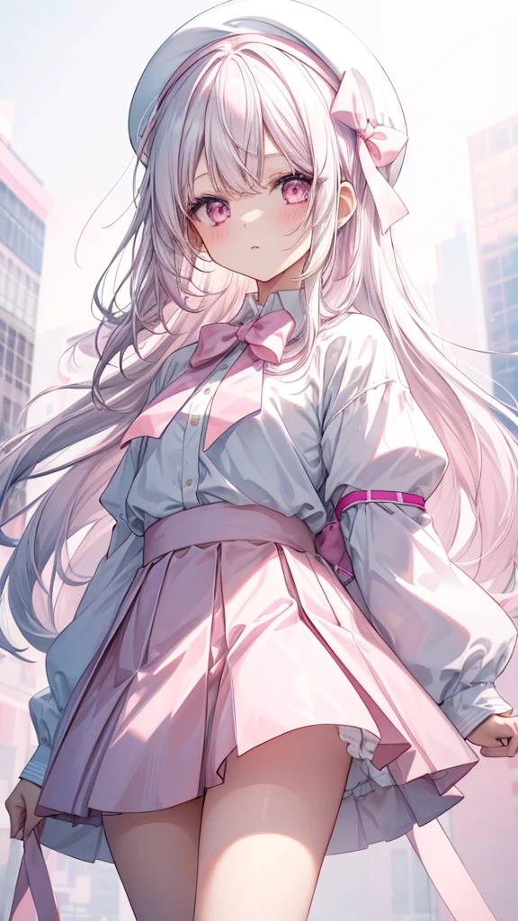 1 girl, pastel color, white straight hair, wearing white pink seifukuu, wearing pink skirt, long white socks, cool pose, perfect lighting, wearing pink bunny headband, wearing pink beret with white pink ribbon on it. Cowboy shot.