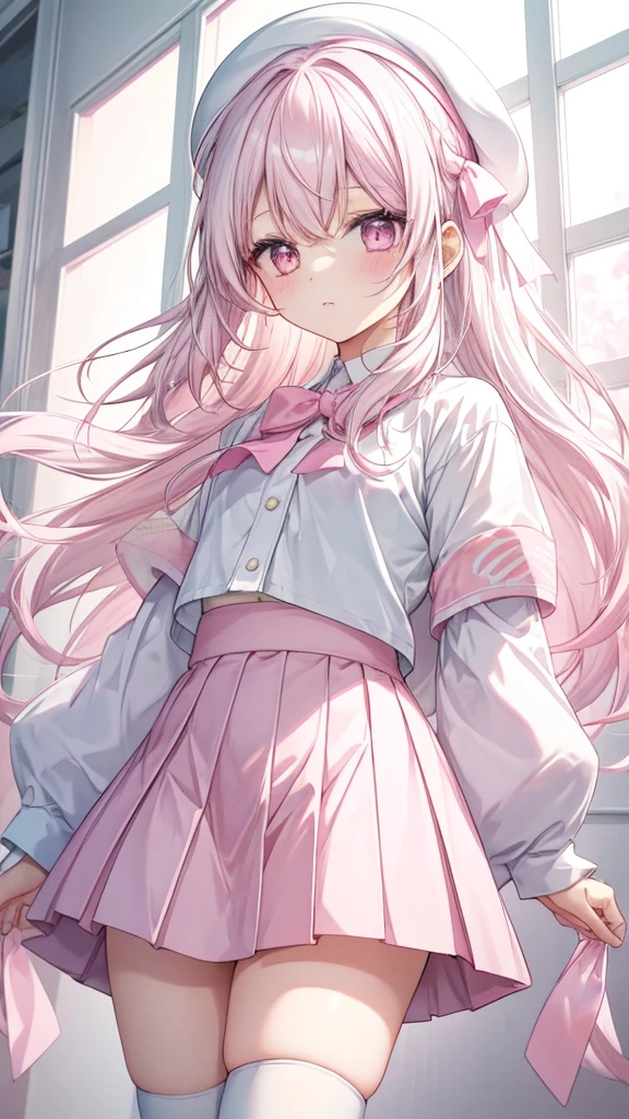 1 girl, pastel color, white straight hair, wearing white pink seifukuu, wearing pink skirt, long white socks, cool pose, perfect lighting, wearing pink bunny headband, wearing pink beret with white pink ribbon on it. Cowboy shot.