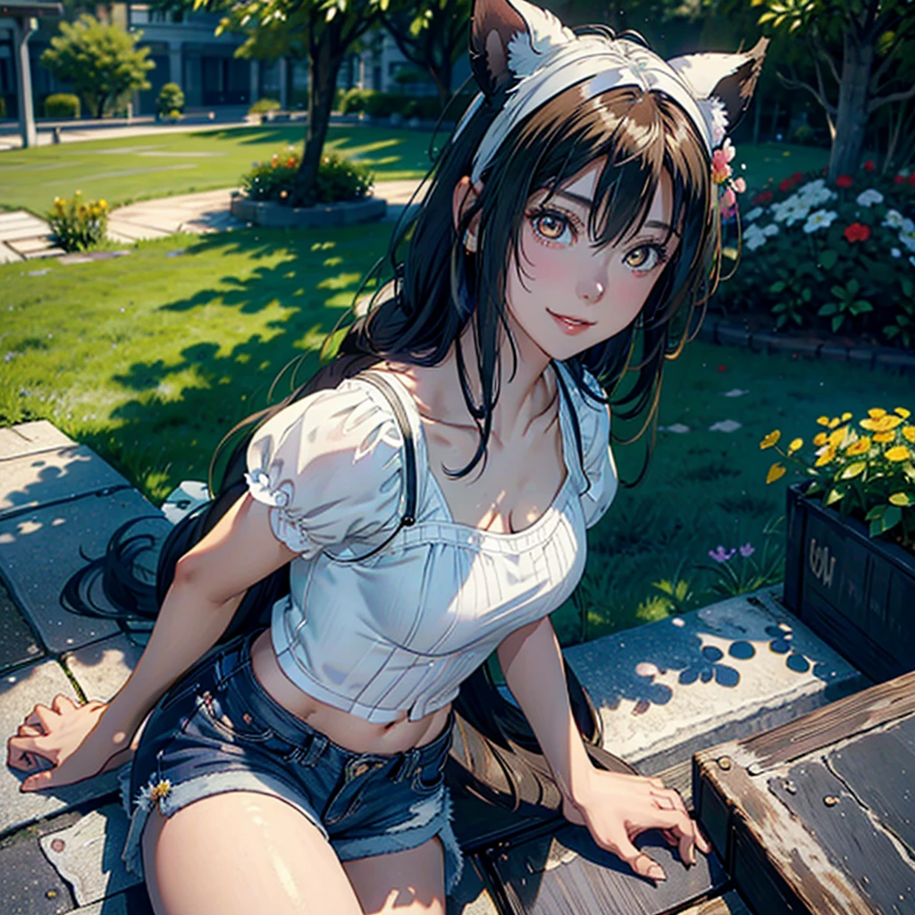Girl with dog ears and tail, erect ears, honey yellow eyes, Highly detailed eyes, long hair and(((( White)))) with a small braid on the sides, denim shorts, translucent and low-cut blouse, whole body, looking up, open mouth smile, big chest, beautiful body, detailed face y con amplia gama de gestos, leaning on a bench around a garden with flowers of various colors, detailed background, detailed face, Play of light and shadows, cinematographic, high quality, 8k, Masterpiece,