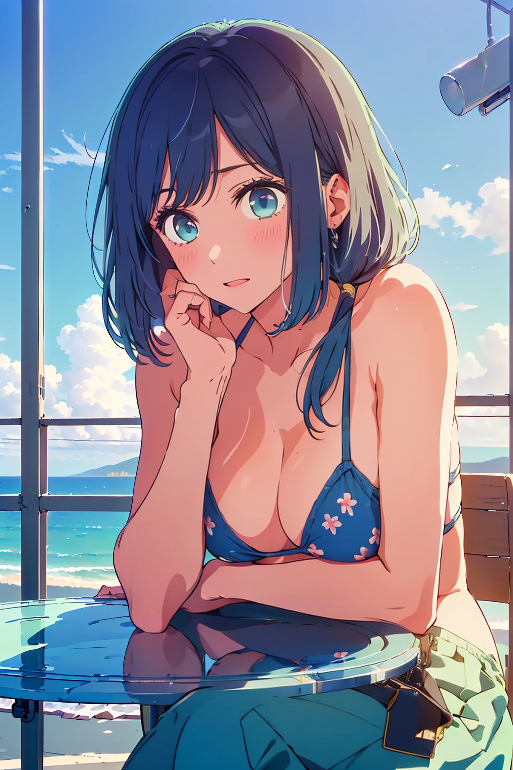 (Highest quality:1.4、masterpiece:1.4、Super detailed:1.4、8K:1.4)、F cup bust、Big Breasts、Slim body、Very white beautiful skin、((((1 person、Surprised expression、sit、Chair、In the background are the urban buildings of Tokyo、looking at the camera、Outdoor café terrace、coastal、Navy hair color、juice、Shooting up close、table、Very cute face))))、(Pose of putting hair behind ears with hands:1.4)、((nude、Areola、bikini size too small))、Very blue sky、A completely cloudless sky