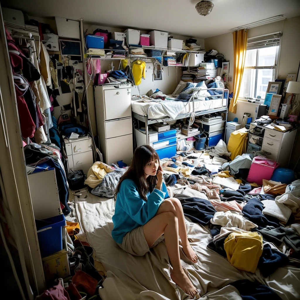there is a woman sitting in a Messy room with a lot of clutter, inside a Messy room, Messy room, Claustrophobic room, Messy bedroom, Messy bedroomの中, Dirty room, Chaotic teen bedroom, Dirty apartment, In a decaying hospital room, Messy room, Crimmed New York apartment, A small room in Tokyo