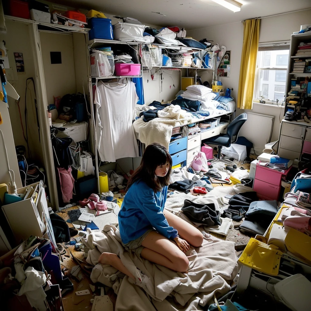 there is a woman sitting in a Messy room with a lot of clutter, inside a Messy room, Messy room, Claustrophobic room, Messy bedroom, Messy bedroomの中, Dirty room, Chaotic teen bedroom, Dirty apartment, In a decaying hospital room, Messy room, Crimmed New York apartment, A small room in Tokyo