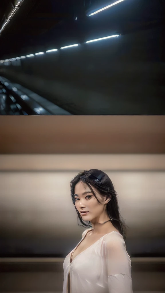 (((Very realistic frontal American shots of beautiful Japanese actresses taken by professional photographers, very Seductive pose, 32k, 7 heads、looking at viewer, Staring Intently :1.9))),(A pure white, extremely thin fabric business short-sleeved open-neck shirt with a wide V-neck, Soaking wet:1.4)。((Highest quality)), ((masterpiece)), (((detailed))), (midnight ,A modern train station platform in Tokyo on a dark, pouring, stormy night, Low Key Lighting:1.6)、(((A very beautiful, extremely elegant and intelligent 39-year-old Japanese woman。Very intelligent and goddess-like face。An extremely elegant, calm and modest smile, Being drunk、My eyes are quite watery、I'm very horny、embarrassed ,blush, Curvy Body:1.9)))、(((A short, well-groomed, shiny black haircut。The skin is white and very smooth。A very hot rainy summer night、I'm pretty sweaty、My clothes were soaking wet and transparent、When wet, it sticks perfectly to your skin, revealing your beautiful body lines.、Through the extremely thin fabric, her skin and her navy blue, lacy, high-end underwear are clearly visible.:1.9)))。(((A simple and elegant business pencil skirt in a plain navy blue knee-length,The clothes fit the body very well:1.8))), (Healthy Body、The line of the chest, collarbone and décolletage are extremely beautiful.:1.9)。She is looking straight at the camera with a very shy look on her face.。Light makeup and no piercings,A simple and modest pearl necklace、(((She is holding her crotch tightly with both hands over her skirt.、large chests )))