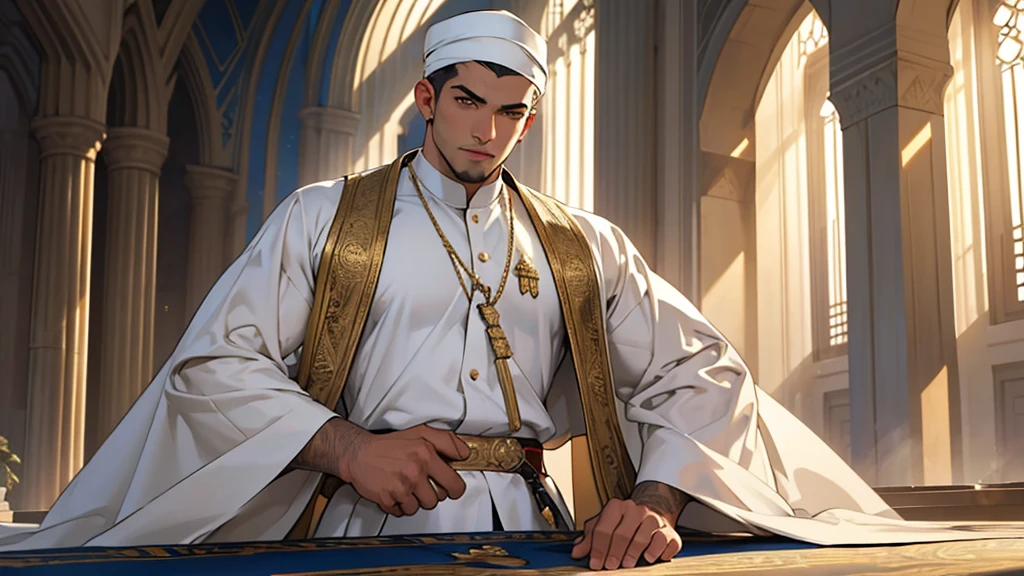 young Handsome man, Islam, Bend over, dignified face, white thobe, ((many subordinates behind him)),(armed with a saber), 32k, Best quality, Masterpiece, super detail, High Details, Highest quality, masterpiece, Representative works, Official Art, Professional, Super intricate details, 8K