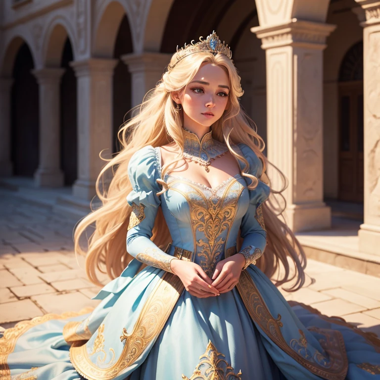 cinderella,1girl,beautiful detailed eyes,beautiful detailed lips,extremely detailed face,long eyelashes,flowing blonde hair,ornate crown,elegant royal dress,intricate embroidery,castle courtyard,lush garden,sunlight streaming in,dramatic lighting,photorealistic,8k,highres,detailed,fantasy