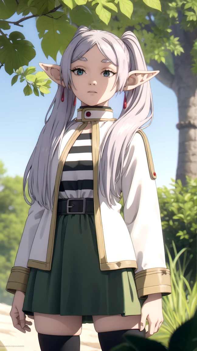 to freeze, to freeze, long hair, ponytail, (green eyes:1.5), White hair, pointed ears, elf, full length (full body 1.1.), nude, very sexy,
BREAK shirt, long sleeves, jewelry, Tights, earrings, striped, black Tights, lure, striped shirt,
BREAK looking at viewer, upper body, whole body,
BREAK outdoors, sky, nature,
BREAK (masterpiece:1.2), Best quality, A high resolution, unity 8k wallpaper, (illustration:0.8), (beautiful detailed eyes:1.6), very detailed face, perfect lighting, extremely detailed computer graphics, (perfect hands, Ideal Anatomy),
