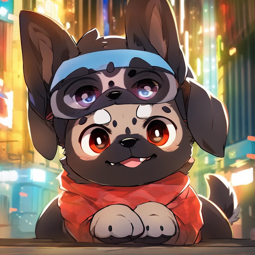 In the city、1 Pug puppy、（（（Round black fur on forehead）））、（（（smile:3.0）））