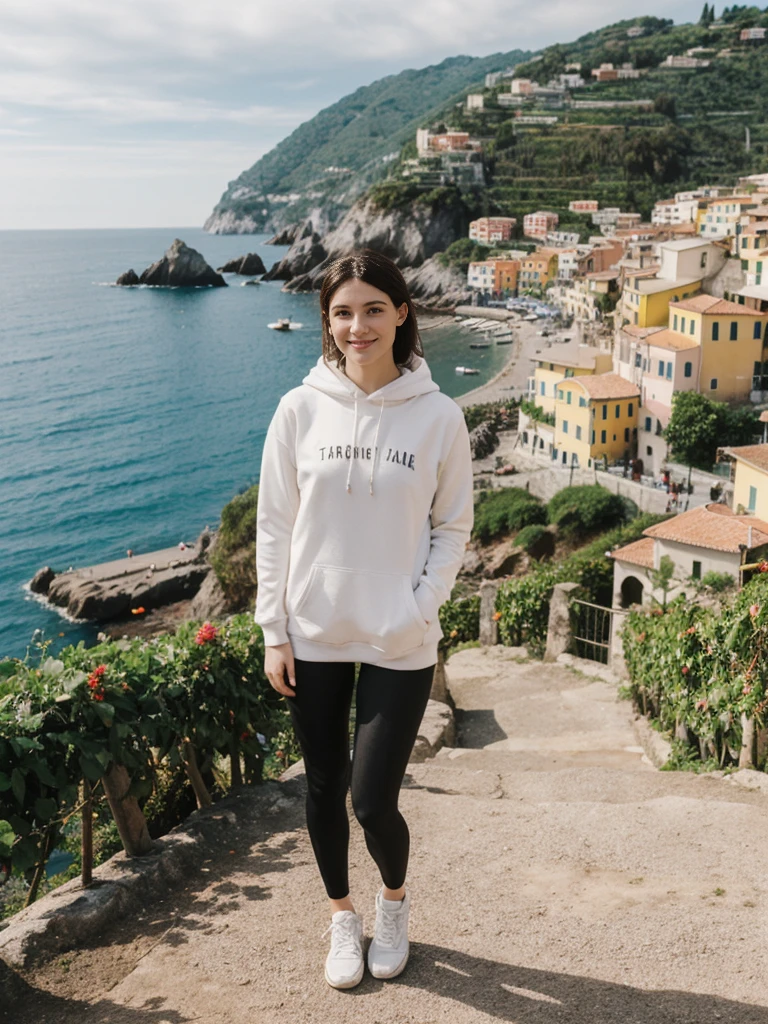 her name is Elle, high quality, 1girl, ((20-year-old fit Caucasian woman)), ((20 years old)), ((fit)), ((pale skin)), short length straight dark hair , wearing Graphic Cropped Hoodie + High-Waisted Vinyl Leggings, pose: standing, background: Detail the romantic ambiance of the Cinque Terre in Italy, with its colorful cliffside villages, terraced vineyards, and scenic coastal hiking trails.