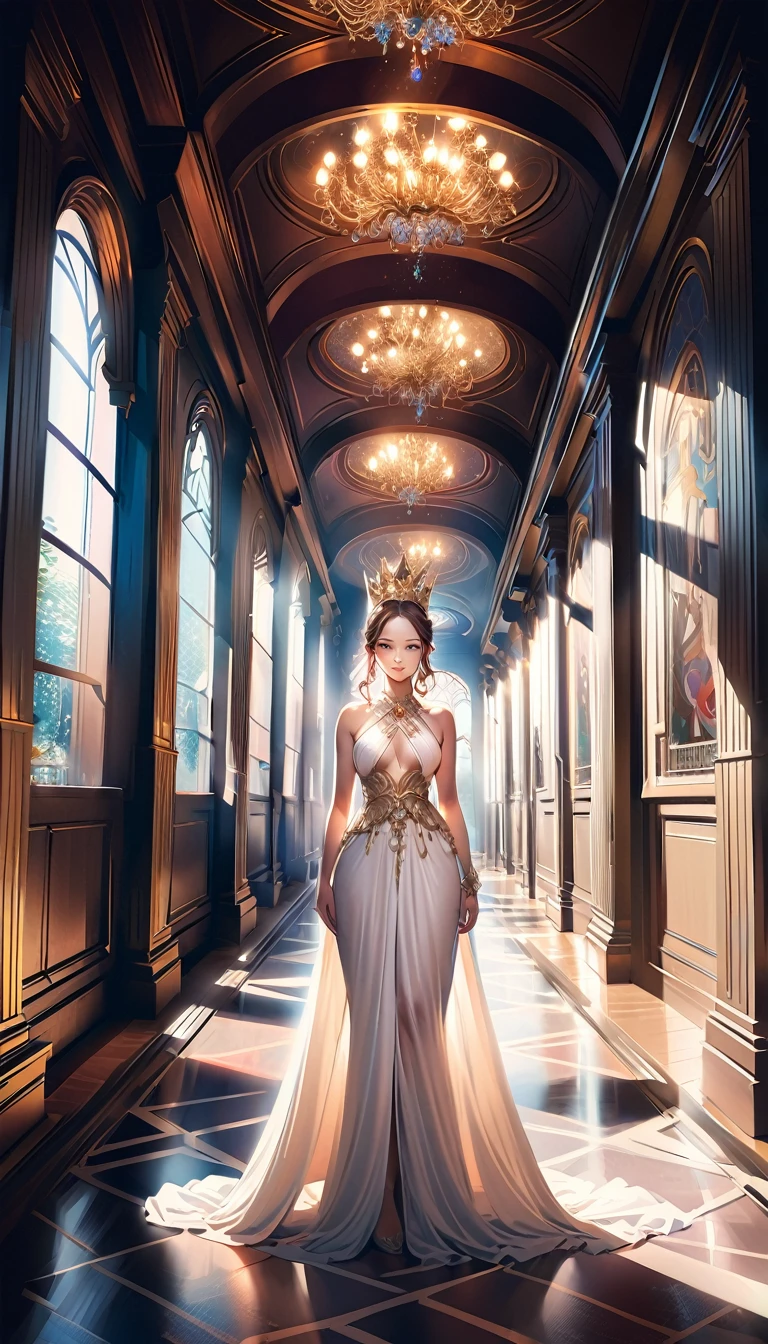 realistic goddess queen, little transparent tunic, gold ornament crown, walking through palace corridors, highly detailed, intricate ornate design, dramatic lighting, cinematic composition, volumetric fog, photorealistic, 8K, hyper detailed, masterpiece, ornate architecture, elegant pose, flowing fabric, jeweled accessories, dramatic shadows, glowing skin, mesmerizing eyes, lush environment, opulent decor, sublime atmosphere, exquisite details