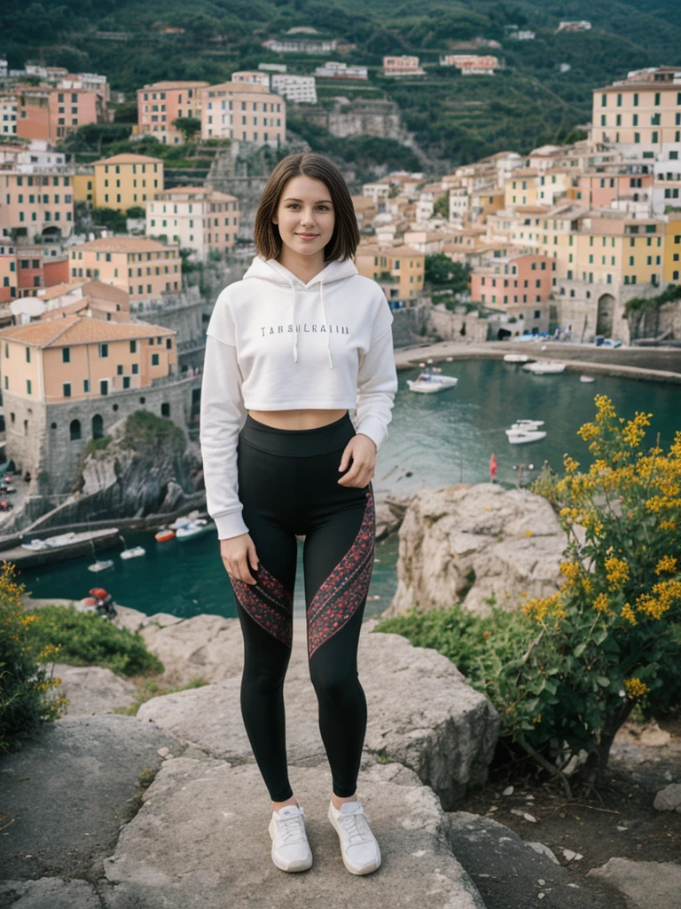 her name is Elle, high quality, 1girl, ((20-year-old fit Caucasian woman)), ((20 years old)), ((fit)), ((pale skin)), short length straight dark hair , wearing Graphic Cropped Hoodie + High-Waisted Vinyl Leggings, pose: standing, background: Detail the romantic ambiance of the Cinque Terre in Italy, with its colorful cliffside villages, terraced vineyards, and scenic coastal hiking trails.