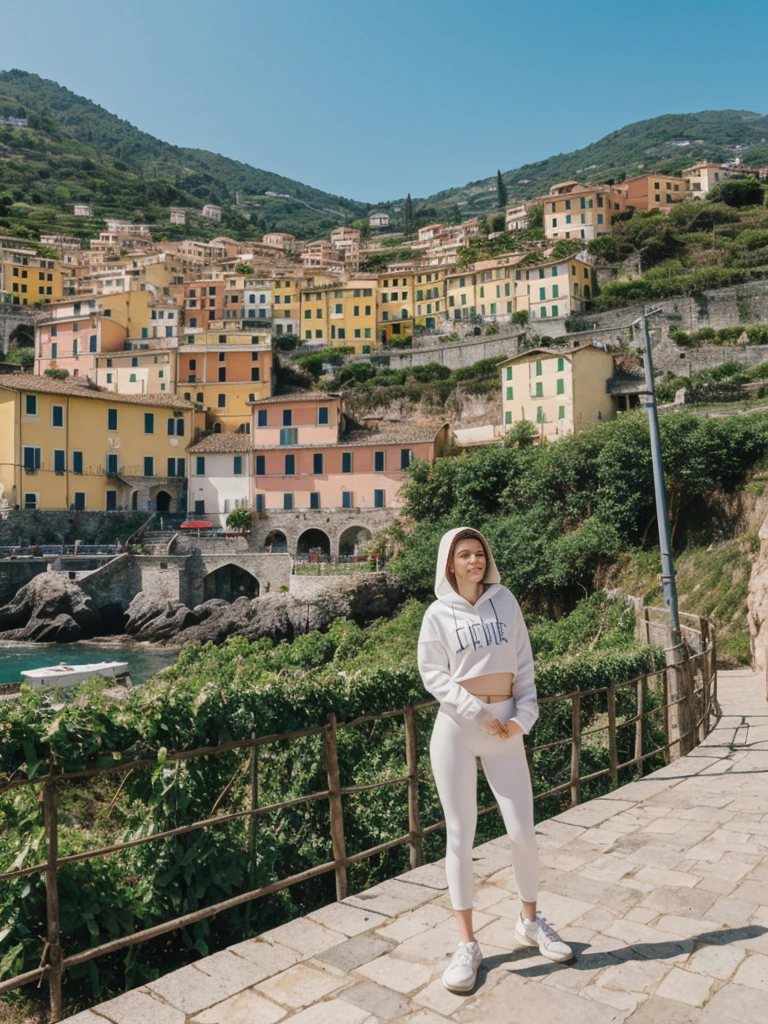 her name is Elle, high quality, 1girl, ((20-year-old fit Caucasian woman)), ((20 years old)), ((fit)), ((pale skin)), short length straight dark hair , wearing Graphic Cropped Hoodie + High-Waisted Vinyl Leggings, pose: standing, background: Detail the romantic ambiance of the Cinque Terre in Italy, with its colorful cliffside villages, terraced vineyards, and scenic coastal hiking trails.